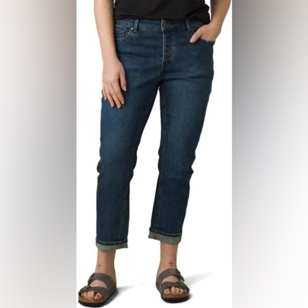 prAna Buxton Slim Boyfriend Jeans, NWT, Size 8, True Blue, 27 Inseam